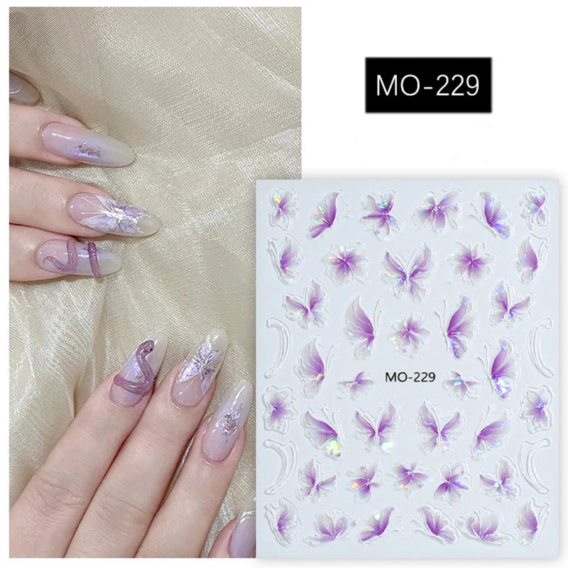 5d Embossed Nail Art Stickers Golden Lines Semi-Transparent Purple Blue Flowers Decals Decorations For Nail Tips Manicures