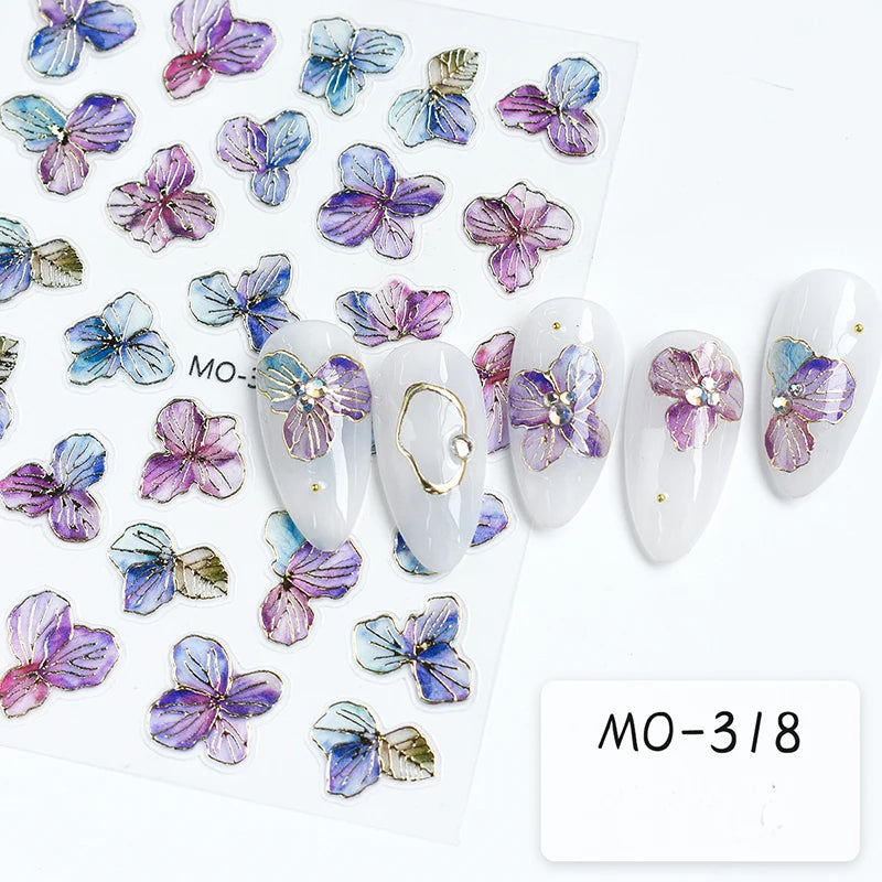 5d Embossed Nail Art Stickers Golden Lines Semi-Transparent Purple Blue Flowers Decals Decorations For Nail Tips Manicures
