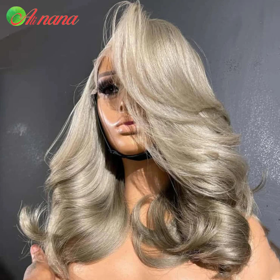 Ash Blonde Colored 13x4 Lace Frontal Wigs Ombre Short Bob Wig 180% Density Wavy Human Hair Wigs For Women Body Wave Hairstyle