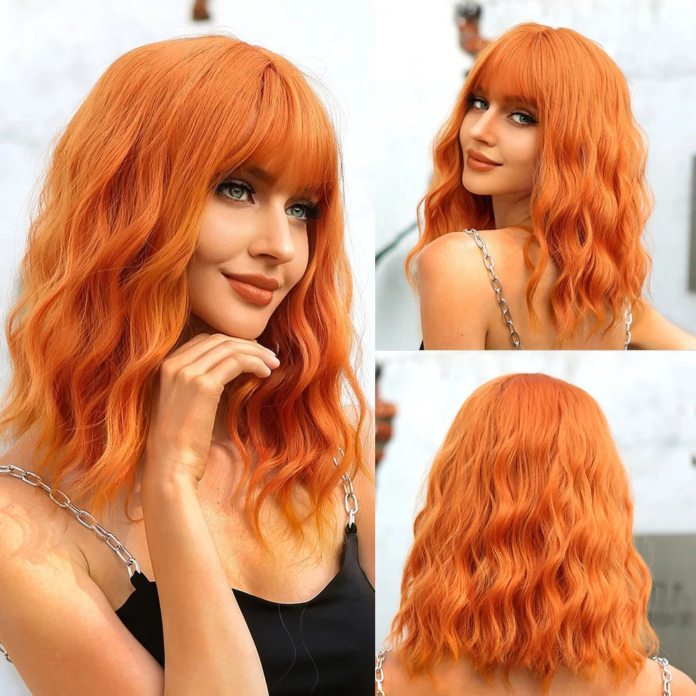 Short Curly Bob Cut Synthetic Wigs with Bangs Light Ginger Orange Water Wave Wig for Black White Women Halloween Heat Resistant