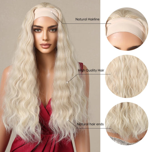 Long Curly Headband Synthetic Wigs Blonde Water Wavy Headband Wigs Bohemian Hair for Women Daily Party Use Heat-Resistant Fiber