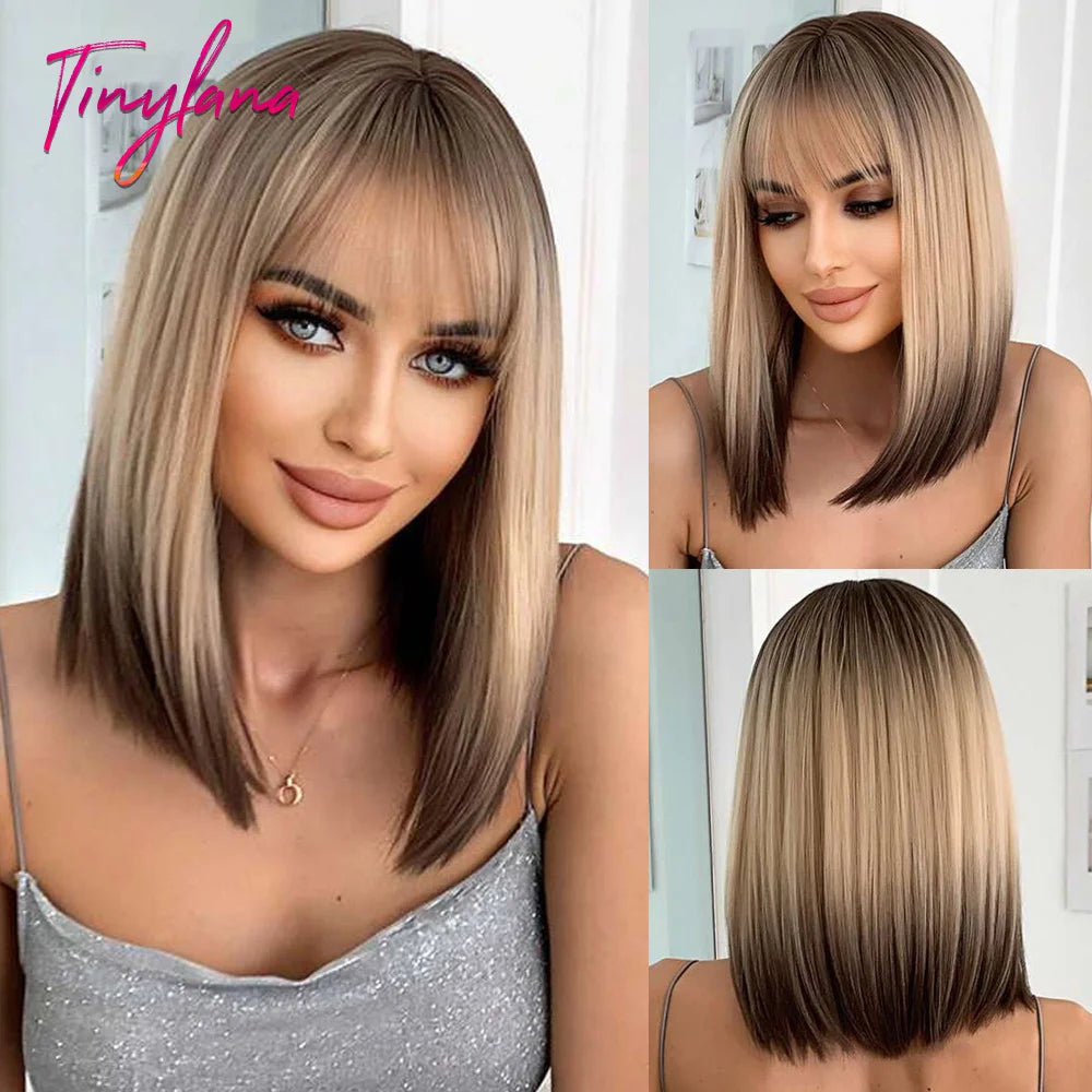 Short Straight Bob Gray Ash Blonde Synthetic Wigs with Bangs Natural Blunt Cut Hair Wig for White Women Daily Heat Resistant