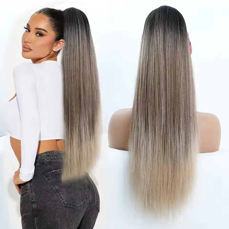 Straight Black Ponytail Blond 27/613 Hair Extensions With Clip Brown 28Inches Ombre Piano Color Heat Resistant Synthetic Hair
