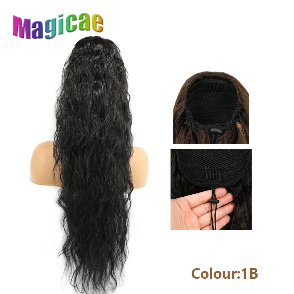 Magicae Long Synthetic Water wave Ponytail Heat resistant Hairpiece Drawstring Hair Clip Ombre Brown Blonde Hair Extensions Pony