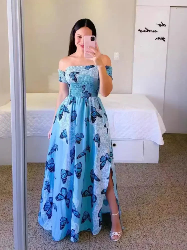 Elegant Off Shoulder Dress Summer Fashion Dresses High Waist Flower Print Short Sleeve Vestidos Robe Clothing