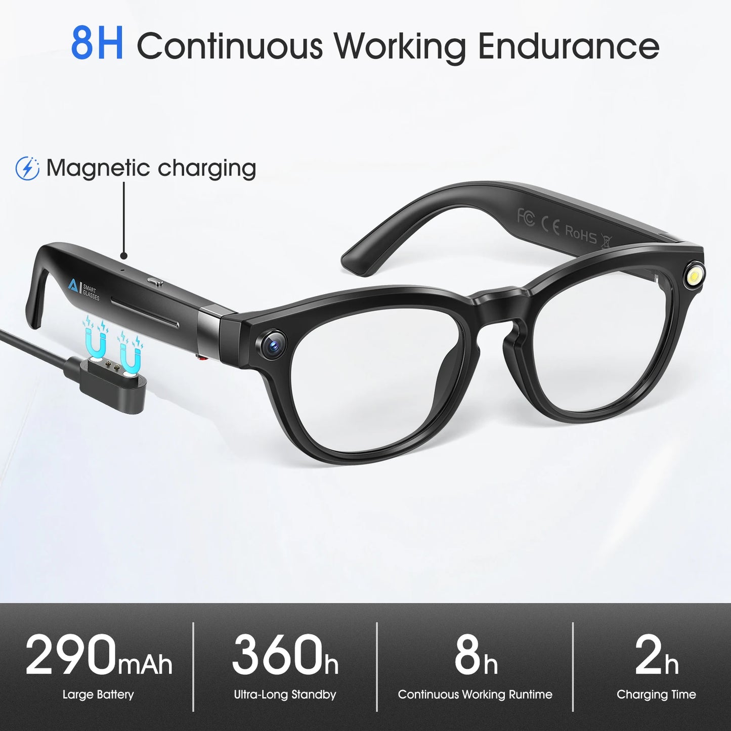 8MP Camera Glasses, AI Smart Glasses with Real-Time Translation & Object Analysis | HD 1200P 4K Video Recording, No WiFi Needed