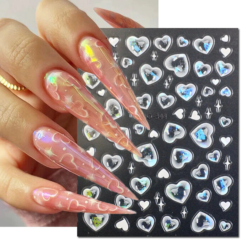 5d Embossed Nail Art Stickers Golden Lines Semi-Transparent Purple Blue Flowers Decals Decorations For Nail Tips Manicures