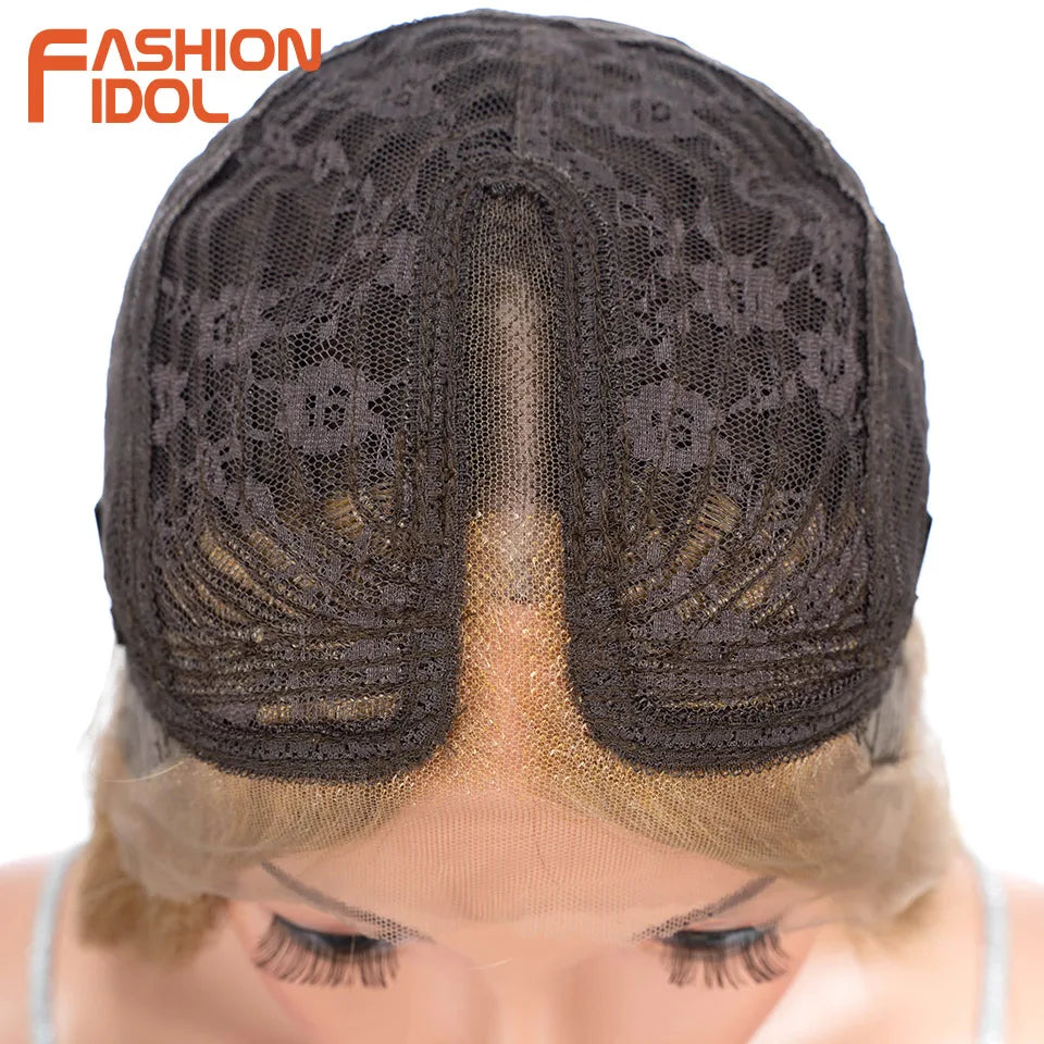 FASHION IDOL 26 Inch Yaki Straight Lace Front Wig Synthetic Hair Ombre Blonde Cosplay Wigs Heat Resistant Fiber Synthetic Hair