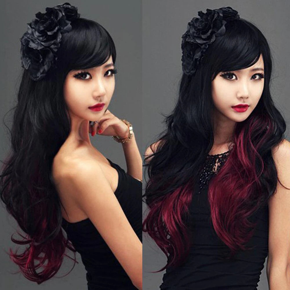Soowee Synthetic Hair Ombre Rainbow Cosplay Wig with Bangs Red Yellow Purple Green Blue Wigs for Black Women