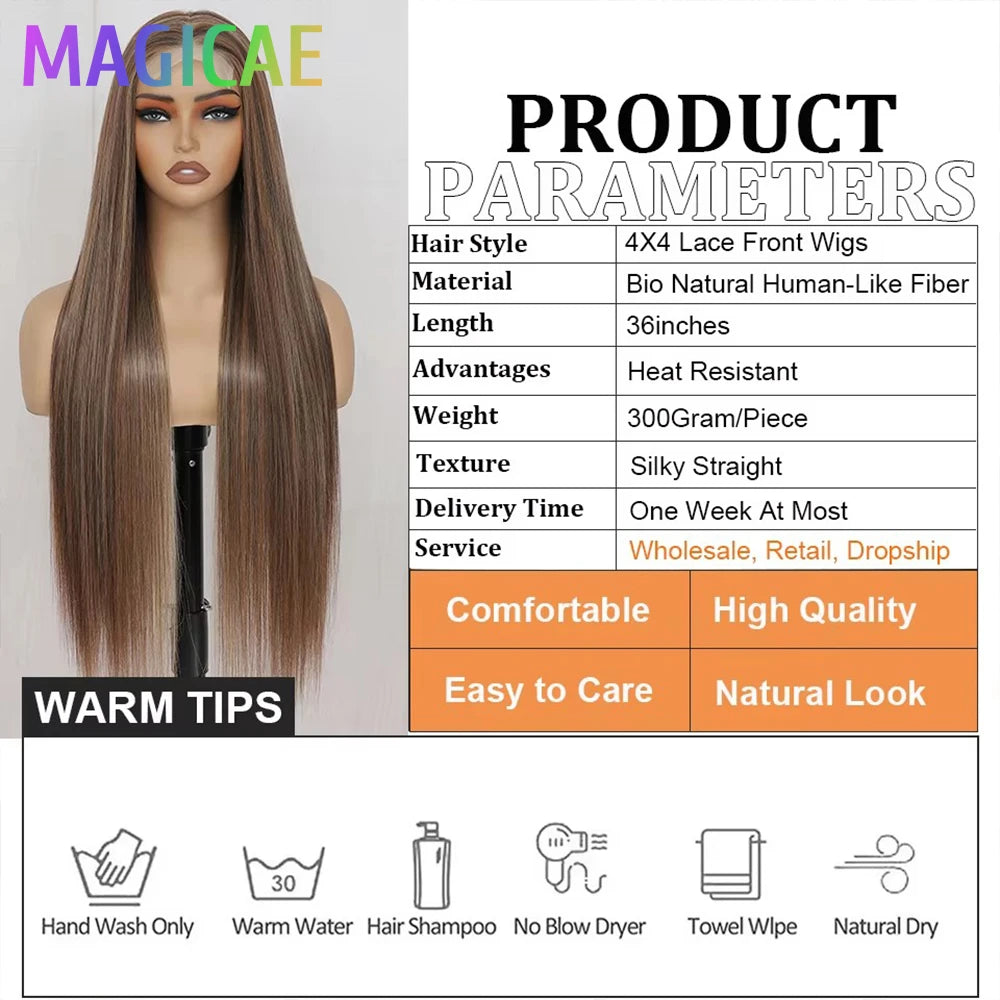 36inch Ombre P27/613 Straight 4X4 Lace Front Wigs Highlight Brown Blon 27/30/613# High Temperature Cosplay Straight Hair Wigs
