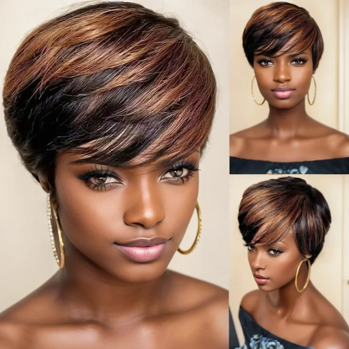 WIGERA Highlight Synthetic Wigs Short Straight Pixie Cut Hair Bob Wig Honey Gold Mix Black Hair For Woman