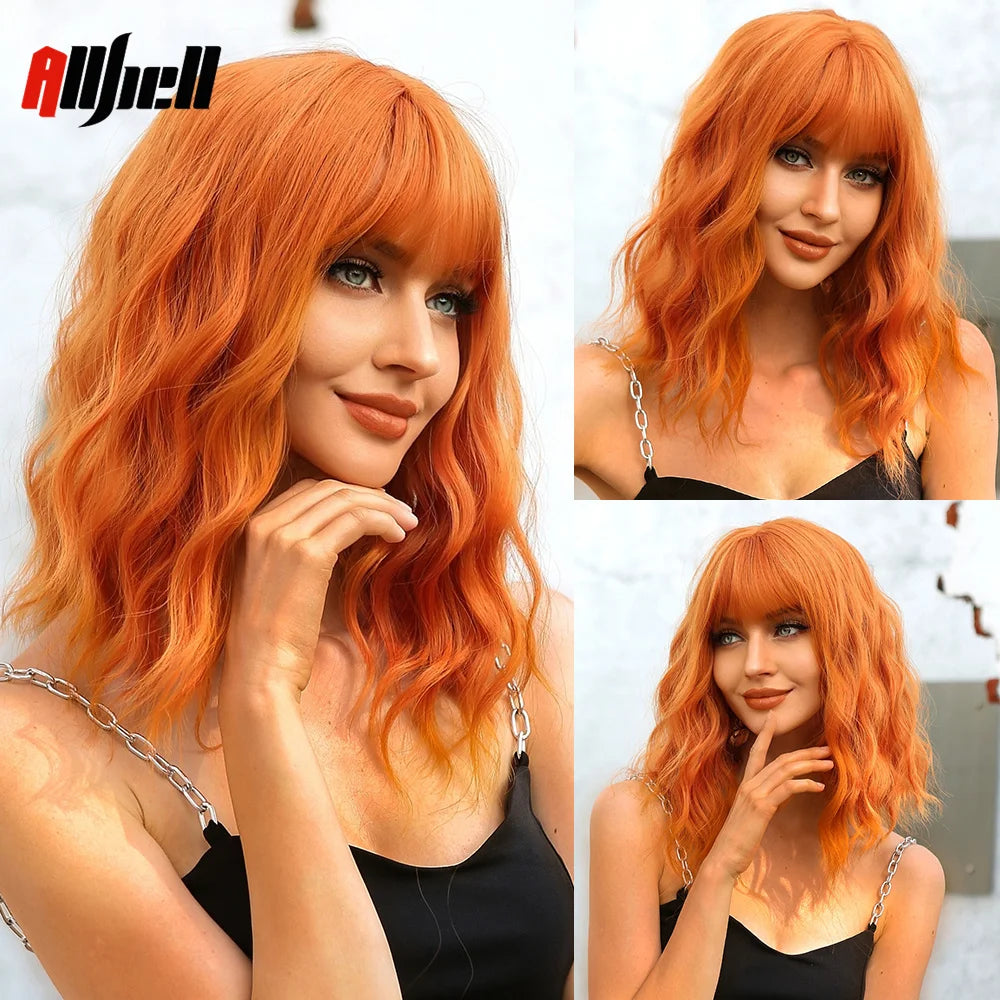 Short Copper Ginger Synthetic Natural Wavy Wigs Hair Orange Halloween Bob Wig with Bangs Heat Resistant for Women Cosplay Wig