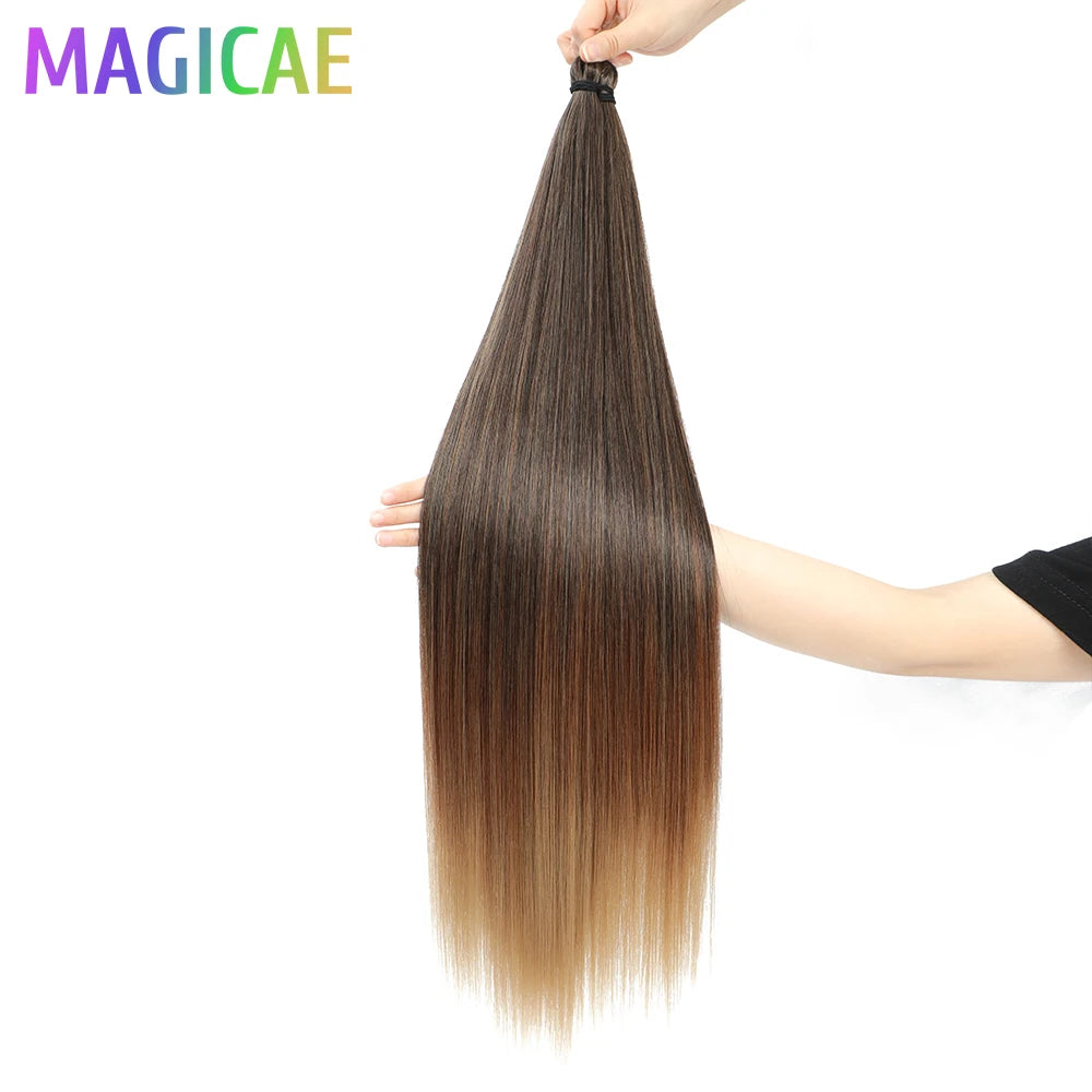 Magicae 28Inch Straight Hair Bundles 3Pcs Crochet Braids Synthetic Ariel Straight Fake hair Ombre Blonde Crochet Hair Extensions