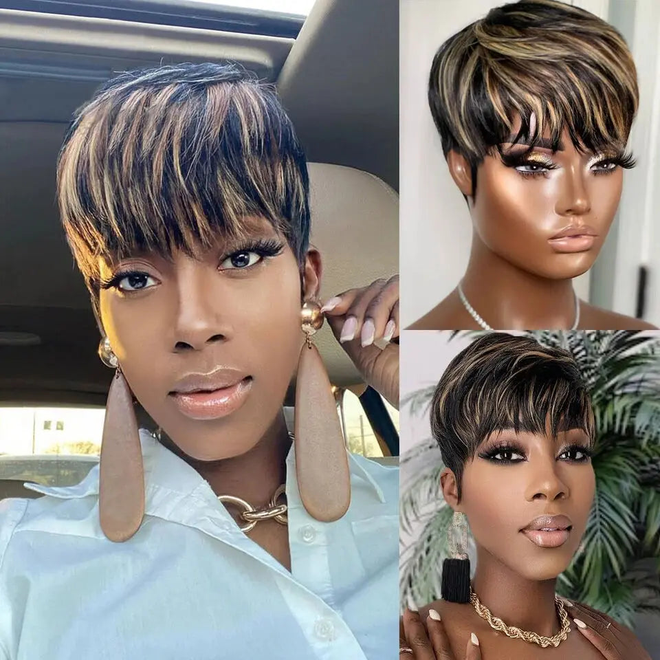WIGERA Highlight Synthetic Wigs Short Straight Pixie Cut Hair Bob Wig Honey Gold Mix Black Hair For Woman