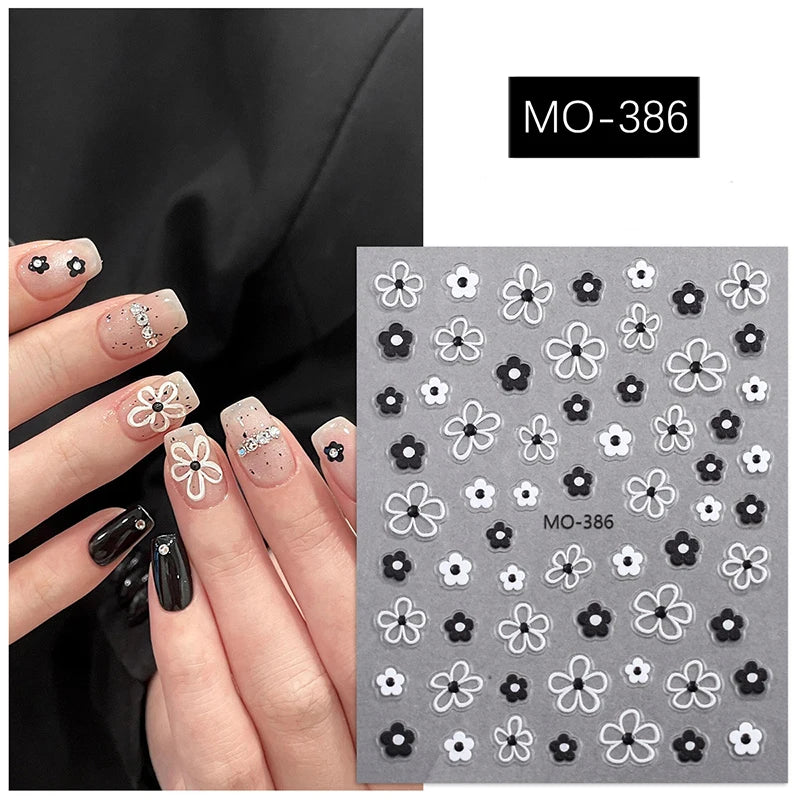 5d Embossed Nail Art Stickers Golden Lines Semi-Transparent Purple Blue Flowers Decals Decorations For Nail Tips Manicures