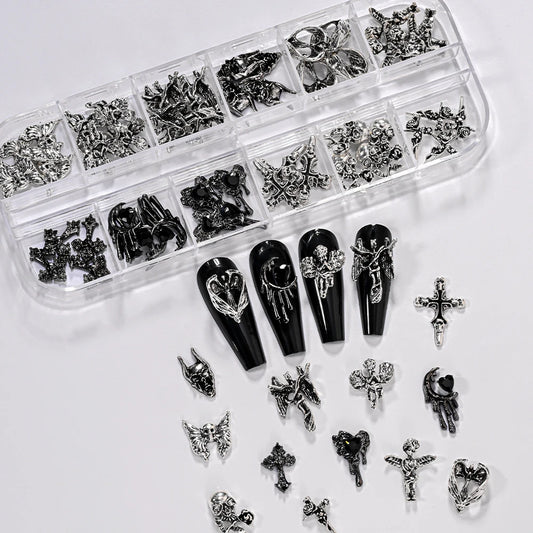 12Grid 3D Halloween Punk Retro Alloy Cross Nail Charms Y2k Gothic Metal Gun Black Silver Skull,Cross Nail Art DIY Cool Nail Part