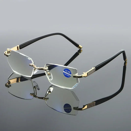 Men Blue Light Blocking Reading Glasses Women Dimond Cutting Rimless Eyeglasses Frame Anti Fatigue Hyperopia Presbyopic Eyewear