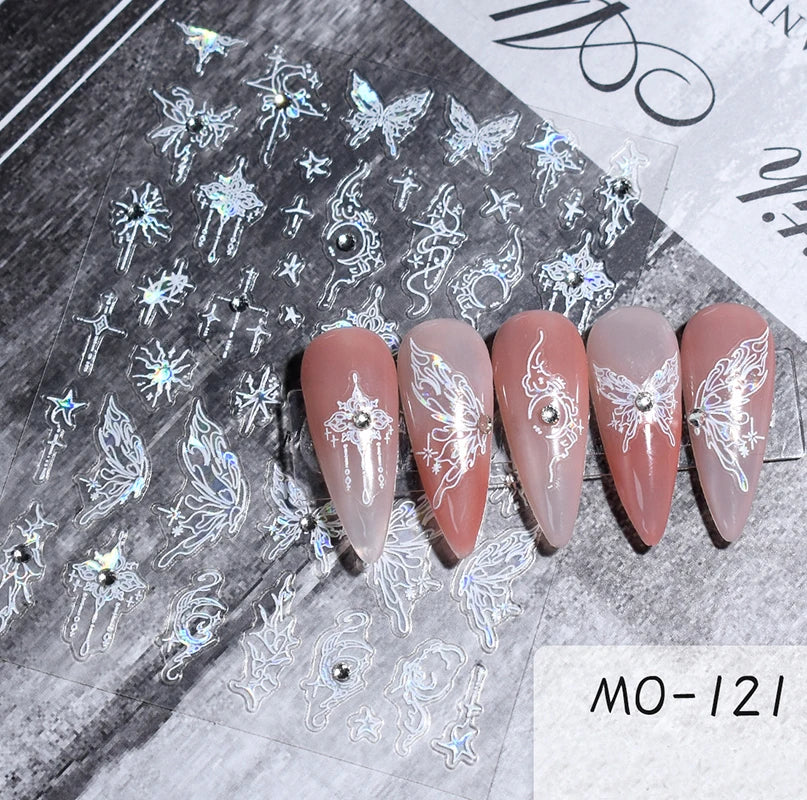 5d Embossed Nail Art Stickers Golden Lines Semi-Transparent Purple Blue Flowers Decals Decorations For Nail Tips Manicures