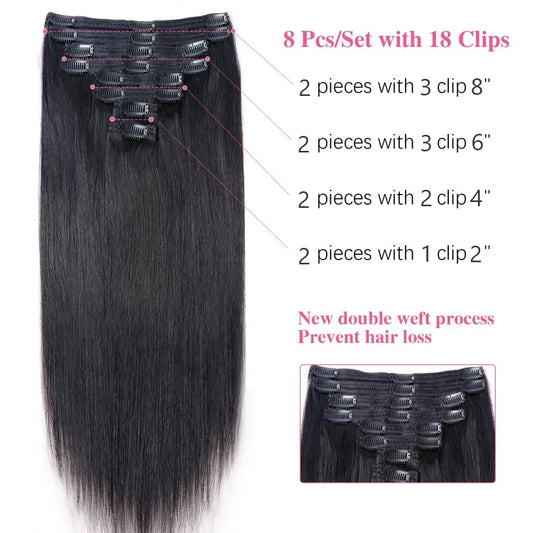 Straight Clip in Hair Extensions Human Hair Brazilian Remy Natural Full Head Seamless Human Hair Clip in Extensions For Women