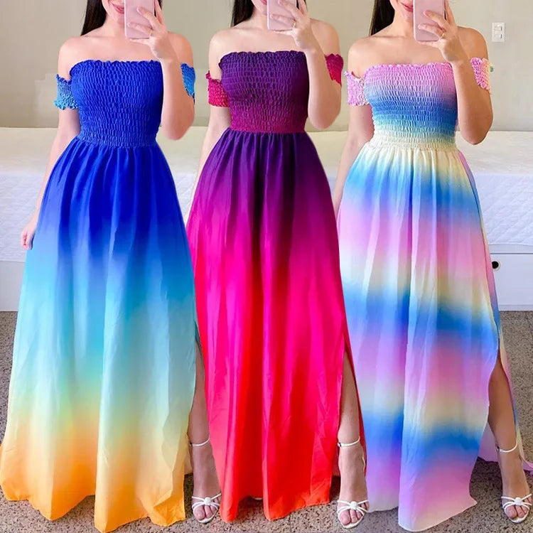 Elegant Off Shoulder Dress Summer Fashion Dresses High Waist Flower Print Short Sleeve Vestidos Robe Clothing