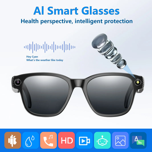 AI Smart Glasses Bluetooth Call Translator 800W Camera Sunglass Lenses Audio Built-in Mic Speakers Voice Assistant Control