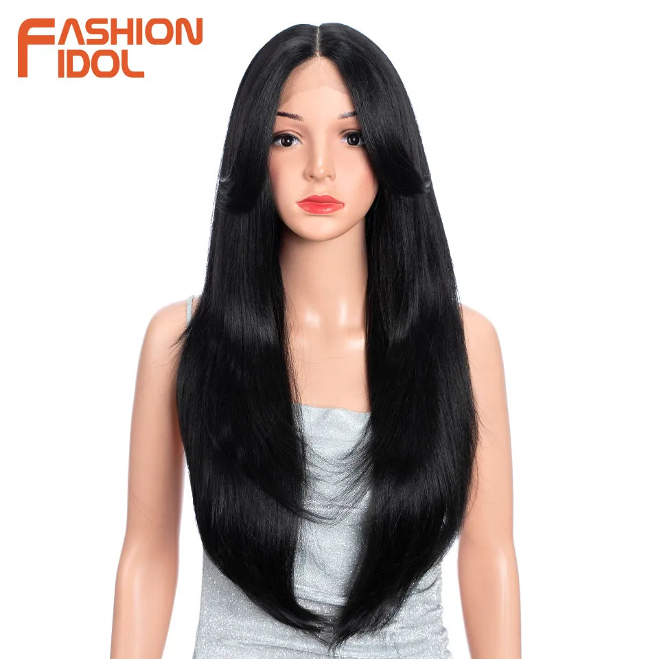 FASHION IDOL 26 Inch Yaki Straight Lace Front Wig Synthetic Hair Ombre Blonde Cosplay Wigs Heat Resistant Fiber Synthetic Hair