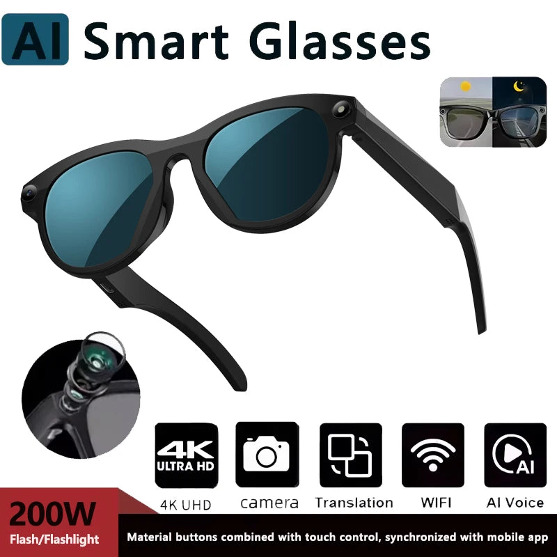 New AI Smart Glasses HD Camera Shooting LED Flashlight Translation AI Recognition Large Battery Touch Control BT Call Sunglasses