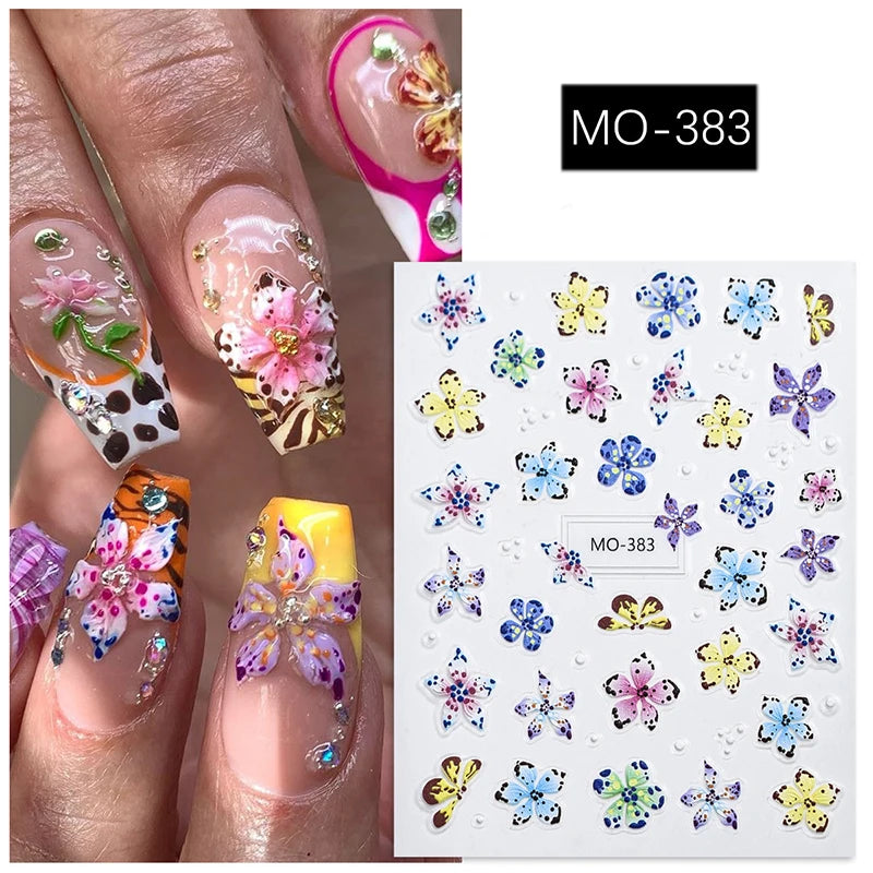 5d Embossed Nail Art Stickers Golden Lines Semi-Transparent Purple Blue Flowers Decals Decorations For Nail Tips Manicures