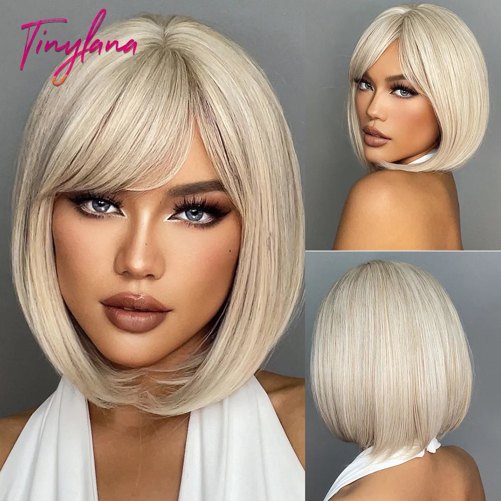 Light Brown Blonde Synthetic Wigs with Bangs for Women Short Bob Daily Straight Wigs Fake Hair Cosplay Halloween Heat Resistant