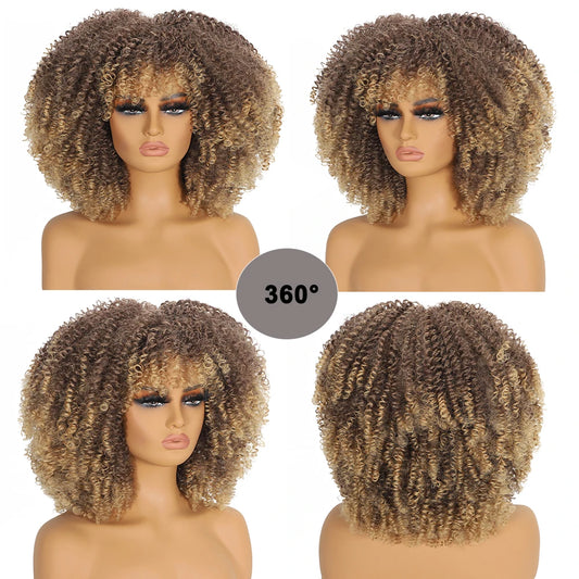Curly Afro Wigs for Black Women Synthetic Afro Kinky Curly Wig with Bangs Heat Resistan Short Kinky Curly Wigs for Daily Party