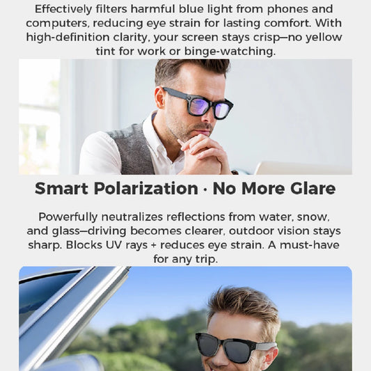 New Music Smart Al Camera Glasses Blue Tooth Glasses HD Call Smart Glasses Waterproof Voice Assistant Anti Blue-Light Sunglasses
