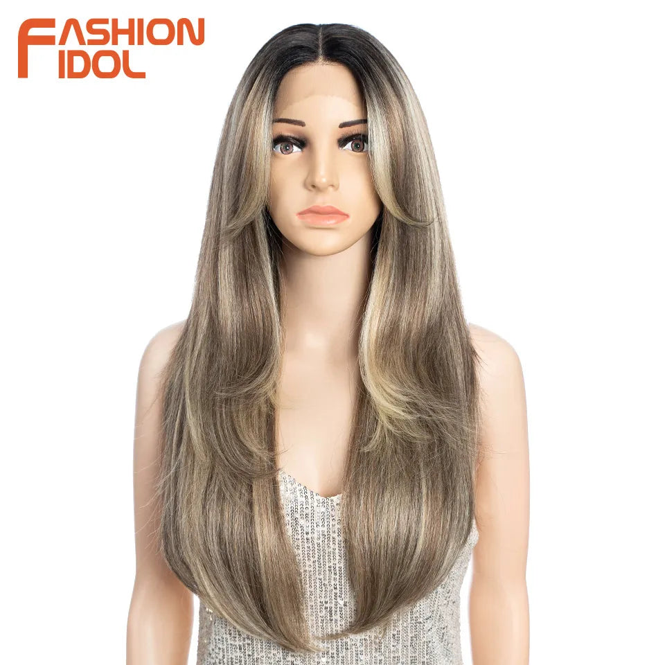 FASHION IDOL 26 Inch Yaki Straight Lace Front Wig Synthetic Hair Ombre Blonde Cosplay Wigs Heat Resistant Fiber Synthetic Hair