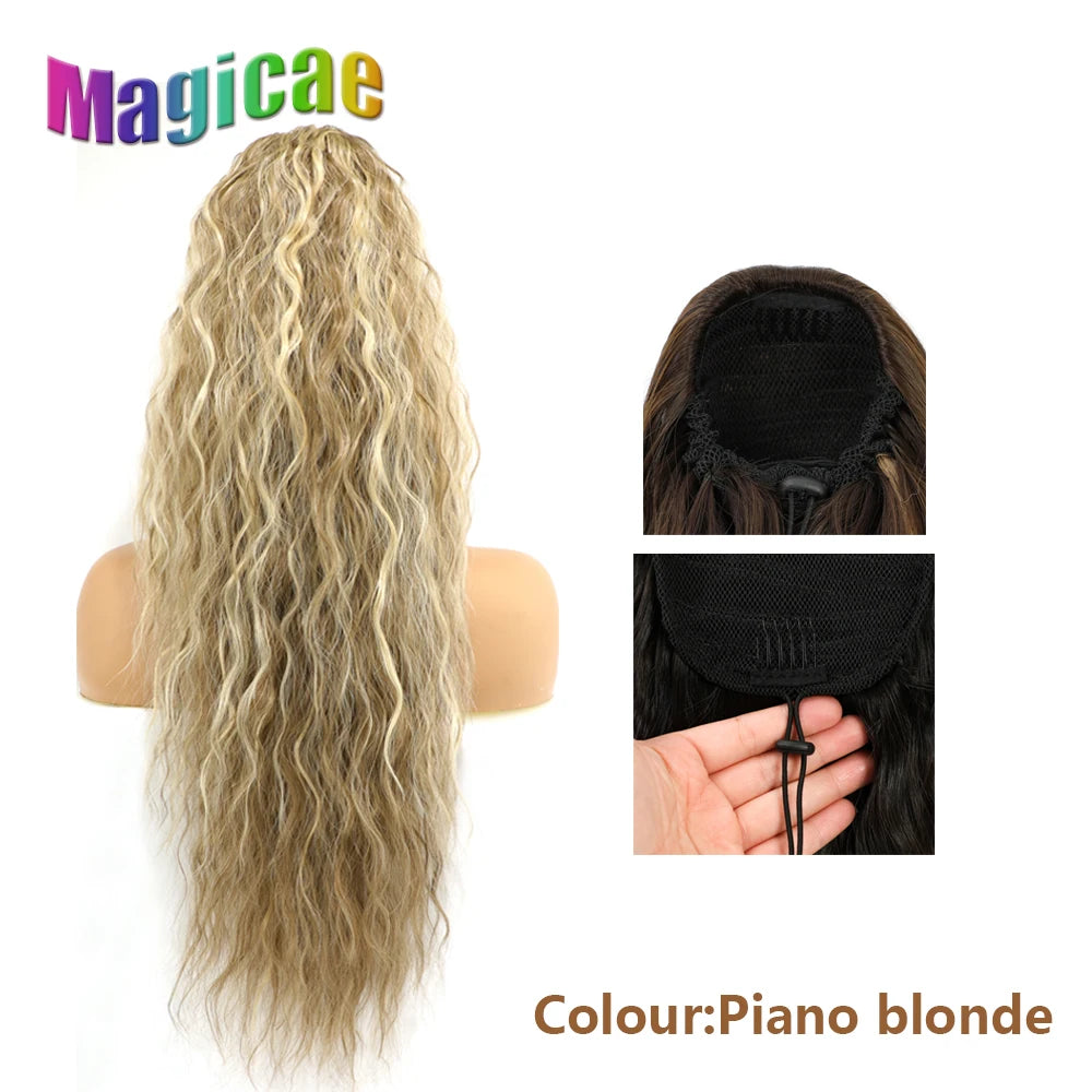 Magicae Long Synthetic Water wave Ponytail Heat resistant Hairpiece Drawstring Hair Clip Ombre Brown Blonde Hair Extensions Pony