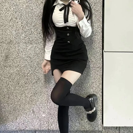 American Style Women's Spring Summer New 2023 Pleated Shirt Collar Tie Backless Hip Package Dress 2-piece Set China Origin