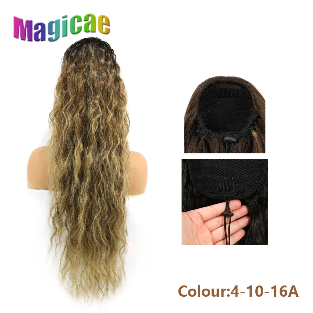 Magicae Long Synthetic Water wave Ponytail Heat resistant Hairpiece Drawstring Hair Clip Ombre Brown Blonde Hair Extensions Pony