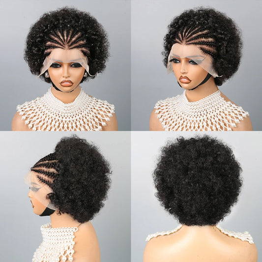Afro Kinky Curly Braid Wigs Human Hair 13x4 HD Lace Front Glueless Pixie Cut Pre Made Braided Cornrow Afro Puff Wig For Women