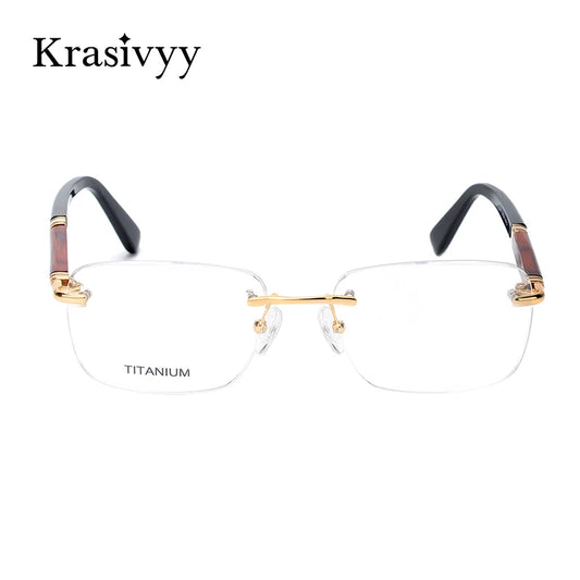 Krasivyy Rimless Wooden Glasses Frame Men Light Weight Optical Eyeglasses Frame Prescription Myopia spectacles Titanium
