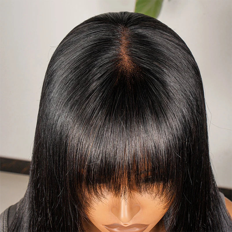 Alipearl Hair Glueless Layered Cut Wig Straight 5*7 Lace Front Wig Natural Black Human Hair Short Wig With Fringe Bangs