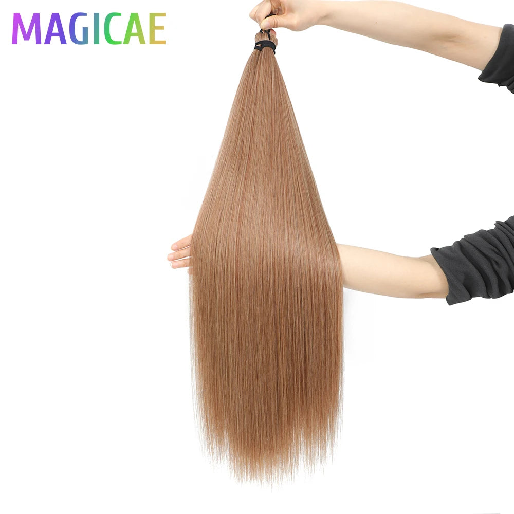 Magicae Braiding Crochet Hair High Heat Resistant 3Pcs 28inches Synthetic Ombre Brown Silver White Straight Bundles Extension