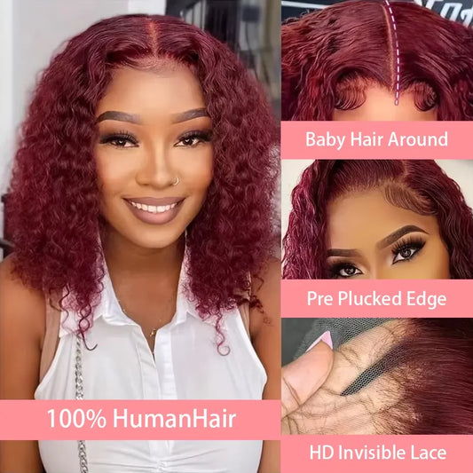 200% Density 99J Burgundy Short Deep Water Wave 13x4 Lace burgundy HD lace deep wave short bob wigs human hair wigs 16 inches