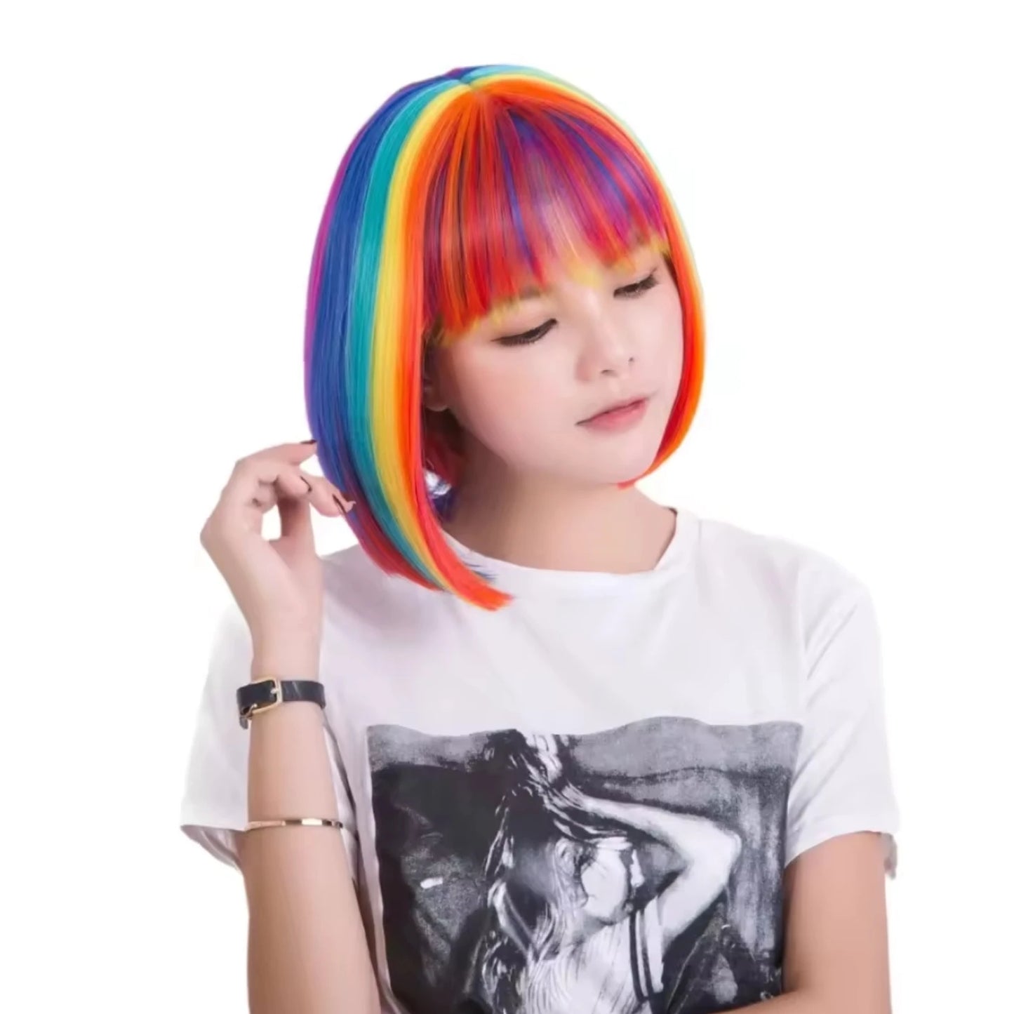 Colorful Bob Hairstyle Wig Suit Airy Bangs Rainbow Halloween Cosplay Short Hair Synthetic Wig Halloween, Christmas costumes