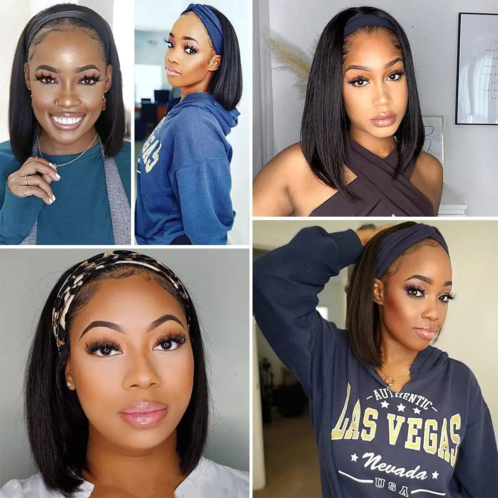 Synthetic Straight Bob Headband Wigs for Black Women Black Short Bob Headband Wig 12inch Half Wigs Wear And Go