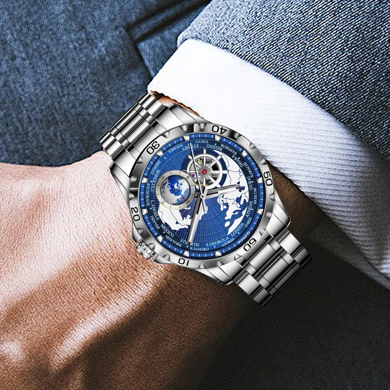 GLENAW 2025 New Earth Series Mechanical Watch Men Rotating Earth Dial Night Light Waterproof Top Luxury Design Mechanical Watch