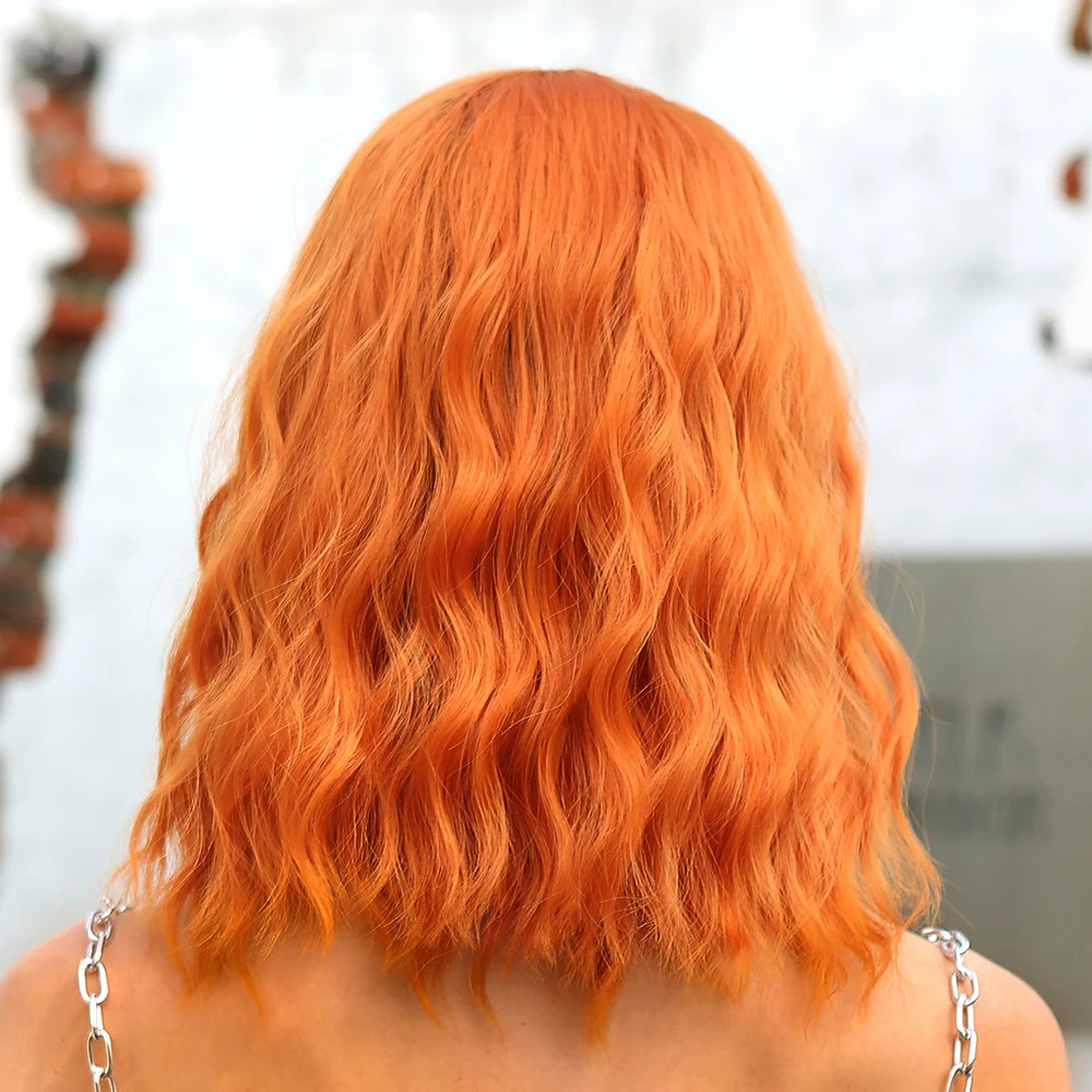 Short Curly Bob Cut Synthetic Wigs with Bangs Light Ginger Orange Water Wave Wig for Black White Women Halloween Heat Resistant