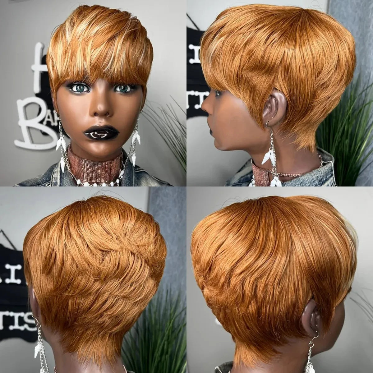 WIGERA Highlight Synthetic Wigs Short Straight Pixie Cut Hair Bob Wig Honey Gold Mix Black Hair For Woman