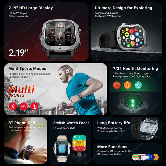 New 2.19'' AMOLED Screen BT Call Smartwatch Heart Rate Monitor IP68 5ATM Outdoor Sports Fitness Tracker Military Smart Watch Men