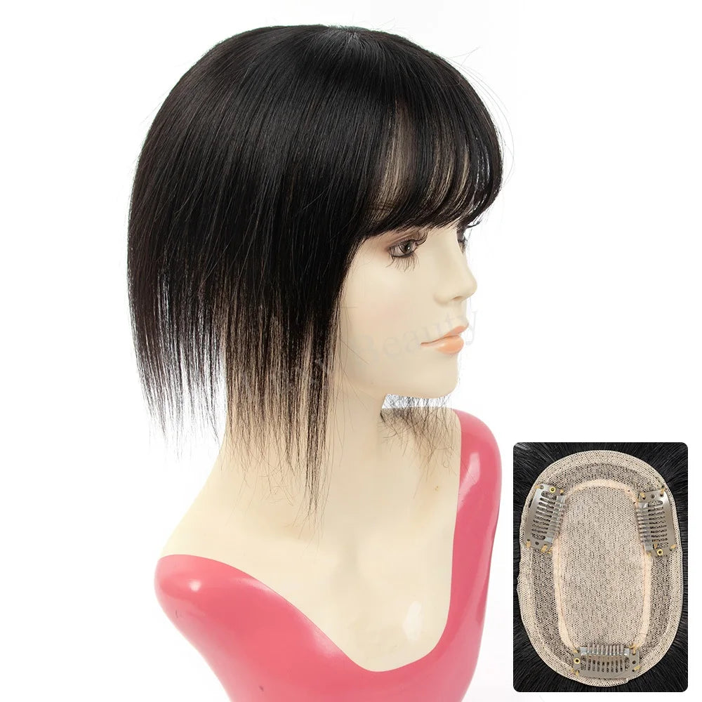 Natural Brown Human Hair Topper With Bangs Women 8X12cm Black Highlights Blonde Skin Scalp Clip in Topper Hair Pieces Human Hair
