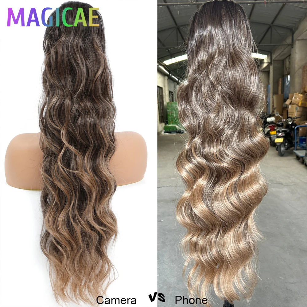28Inches Ponytail Light Brown 4/12/613 Hair Extension 180grams Synthetic Heat Resistant Fiber Ombre Blond 2/27 Water Body Wave
