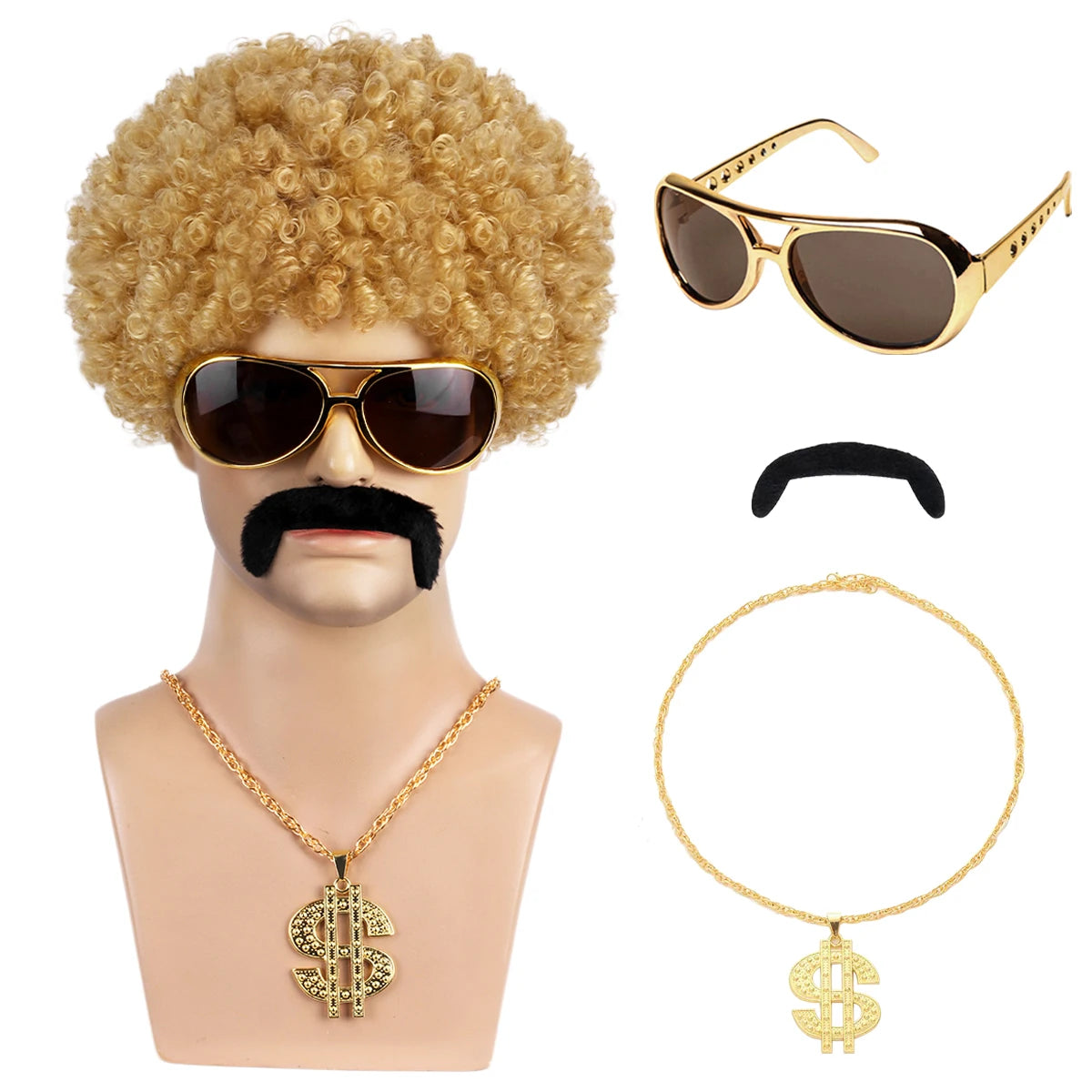 African men's synthetic wig 4-piece set {wig+glasses+necklace+beard} 70s 80s disco costume wig men's natural fluffy short curly