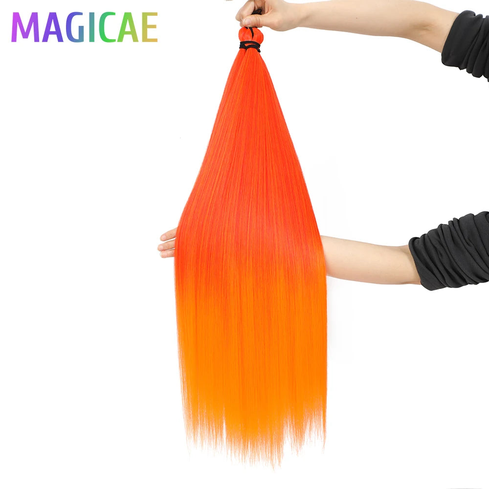 Magicae Braiding Crochet Hair High Heat Resistant 3Pcs 28inches Synthetic Ombre Brown Silver White Straight Bundles Extension